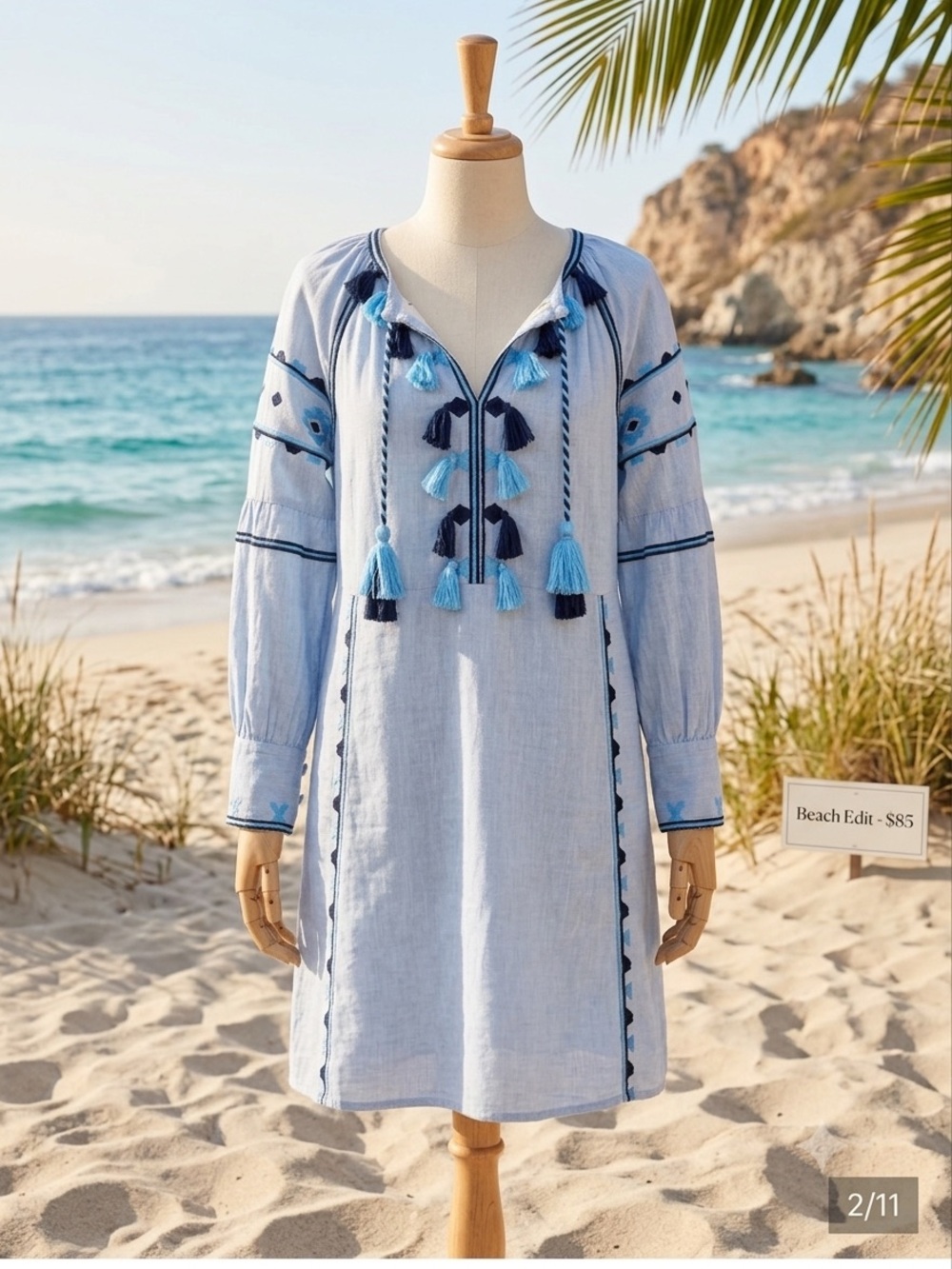 Signature Studio Light Blue Embroidered Dress with Tassel Detail